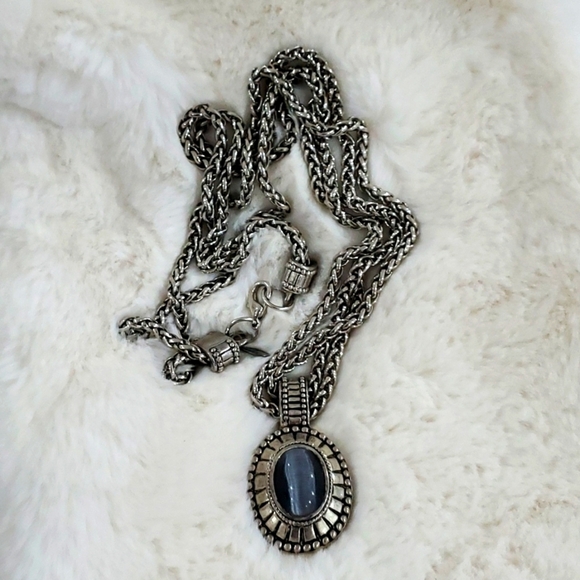 ROBERT ROSE NECKLACE MULTISTRAND SILVERTONE W BLUE OVAL PENDANT - Picture 1 of 8